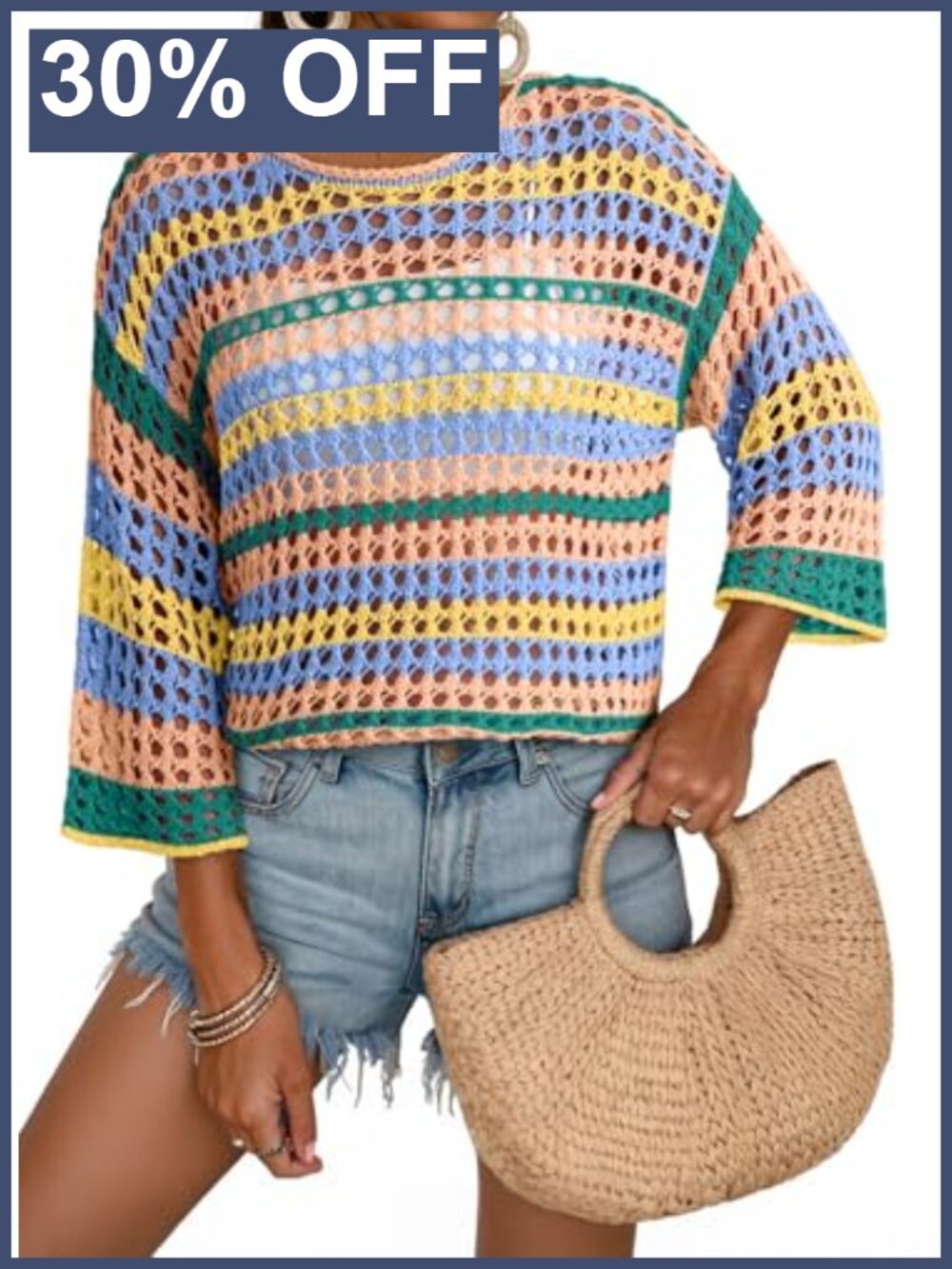 Crochet Sweater 3/4 Sleeve Color Block Hollow Out Boho Pullover Lightweight